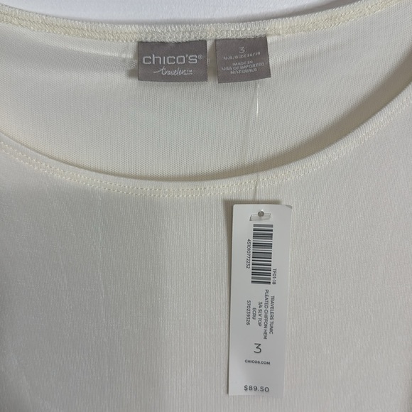 NWT Chico’s Travelers Ivory Tunic Top Size 3 Chiffon Pleat Asymmetrical Hem - Picture 2 of 6